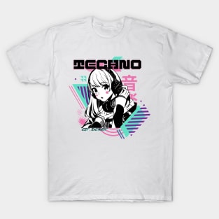 TECHNO - Y2K Anime (Black/teal/pink) T-Shirt